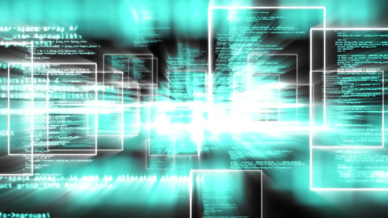 animación de cuadrados sobre lenguaje de computadora en bucle contra fondo negro