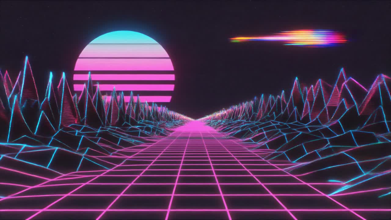 Paesaggio a griglia synthwave retrò con sole al neon ed effetti glitch