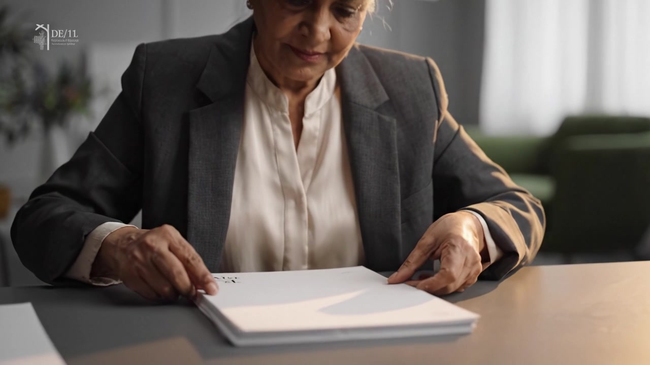 Momenti di riflessione: un'anziana donna esamina documenti con cura, mostrando premura ed esperienza in un ambiente interno tranquillo