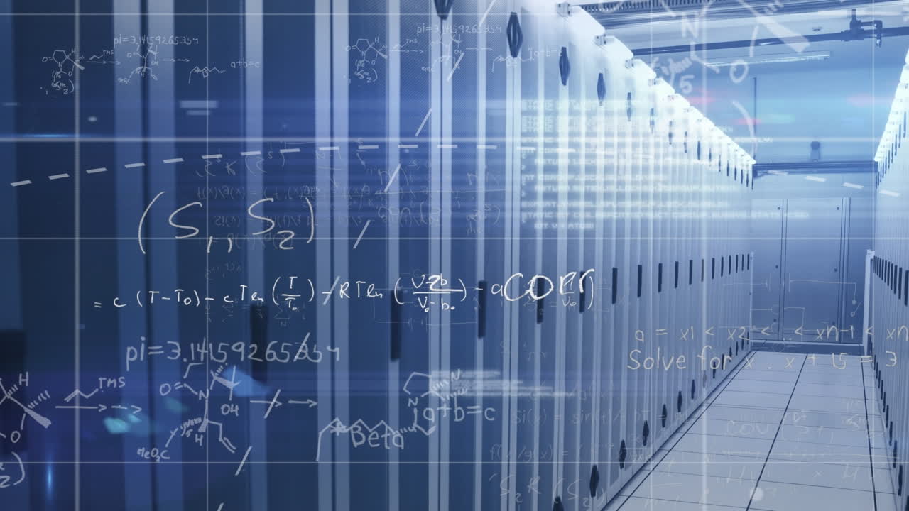 수학 방정식의 애니메이션, 데이터 처리 및 컴퓨터 서버 방에 대한 조명 스 ⁇