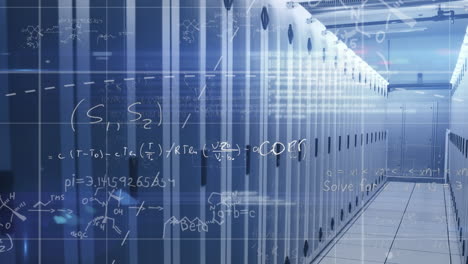 animation of mathematical equations, data processing and light spot against computer server room