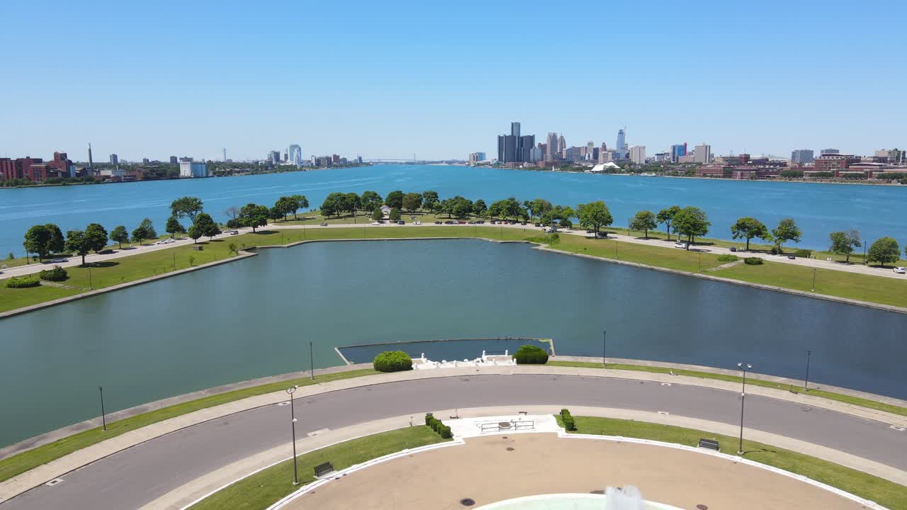 Aerial View of Detroit Skyline with Fountain and Park