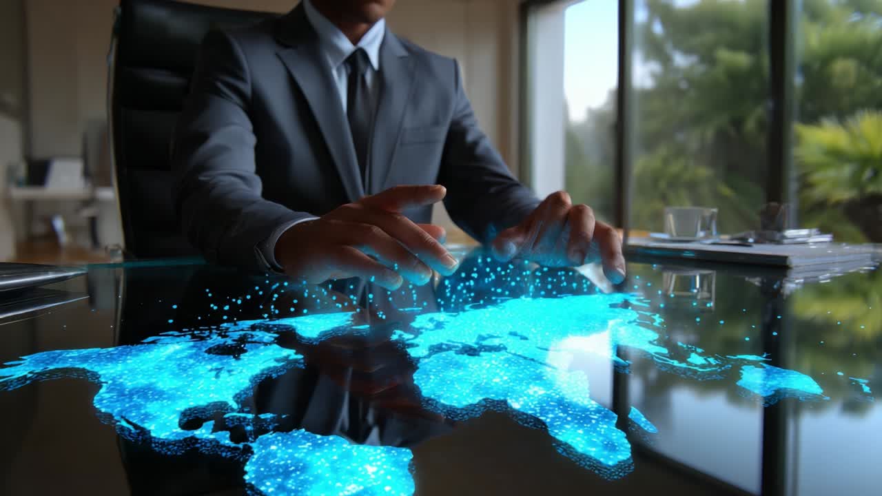 A business professional interacts with an interactive holographic map displaying global data, demonstrating the fusion of technology and strategic planning in a modern office environment