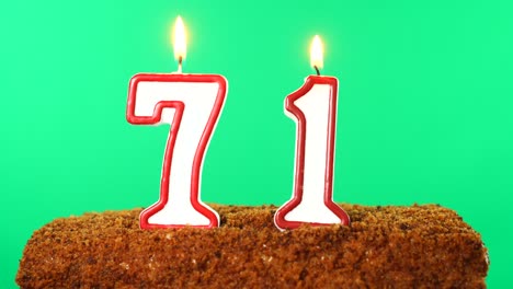 cake with the number 71 lighted candle. chroma key. green screen. isolated