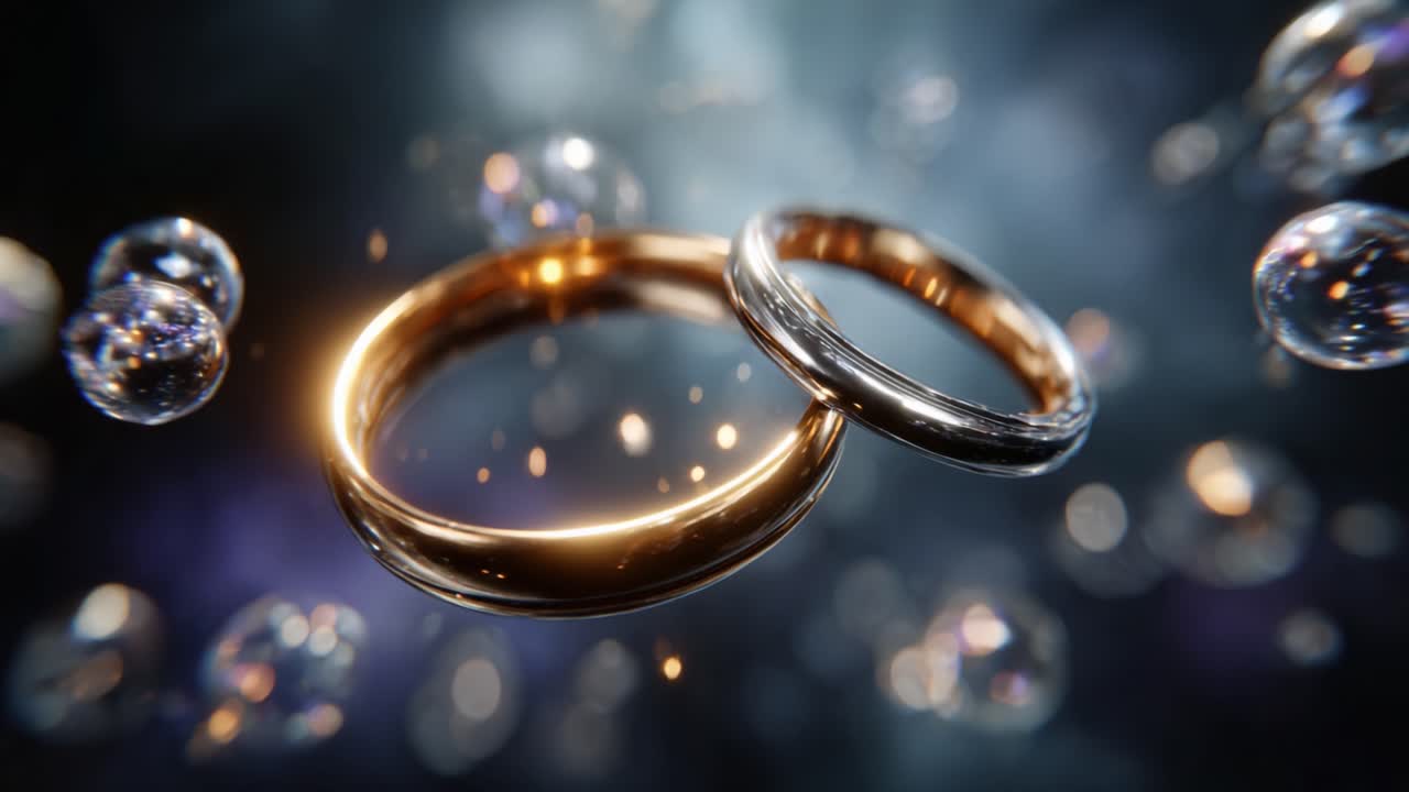 An Elegant Display of Two Intertwined Wedding Rings Surrounded by Floating Bubbles, Symbolizing Love, Union, and Commitment in a Stunning Visual Setting