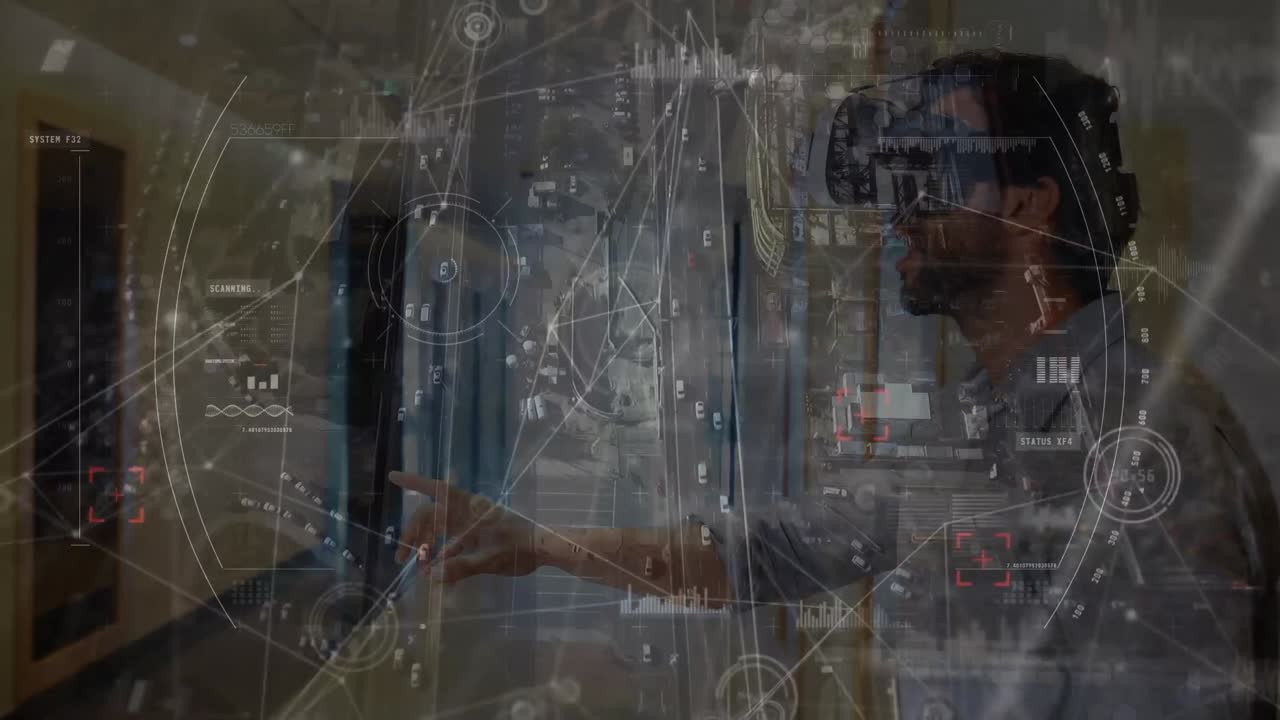 animación de la red de conexiones sobre el hombre caucásico usando auriculares vr