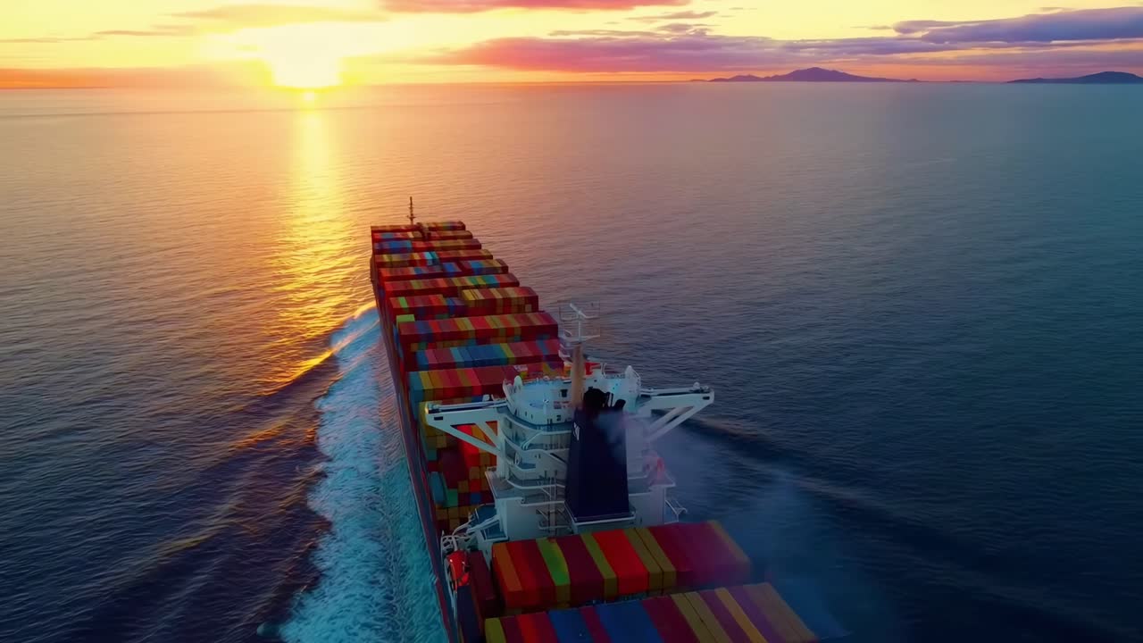 Video aereo di una nave cargo colorata al tramonto, che mostra un sereno paesaggio oceanico