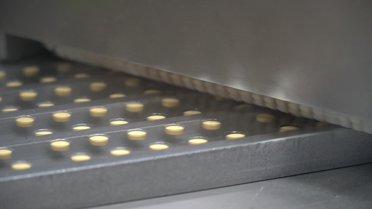 Pharma laboratory conveyor belt moves round drug pills on machine, close up
