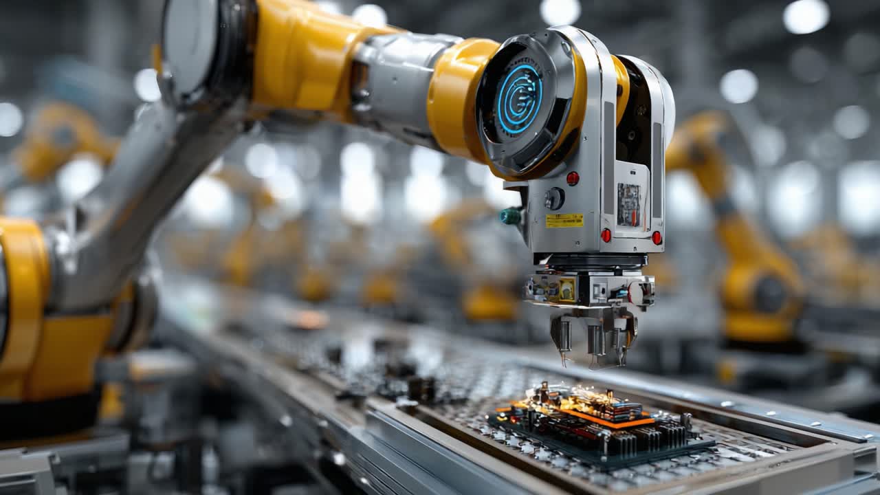 Advanced Robotic Arm Engaging in Precision Assembly on an Electronic Circuit Board in a High-Tech Manufacturing Facility, Showcasing Automation and Innovation in Industry