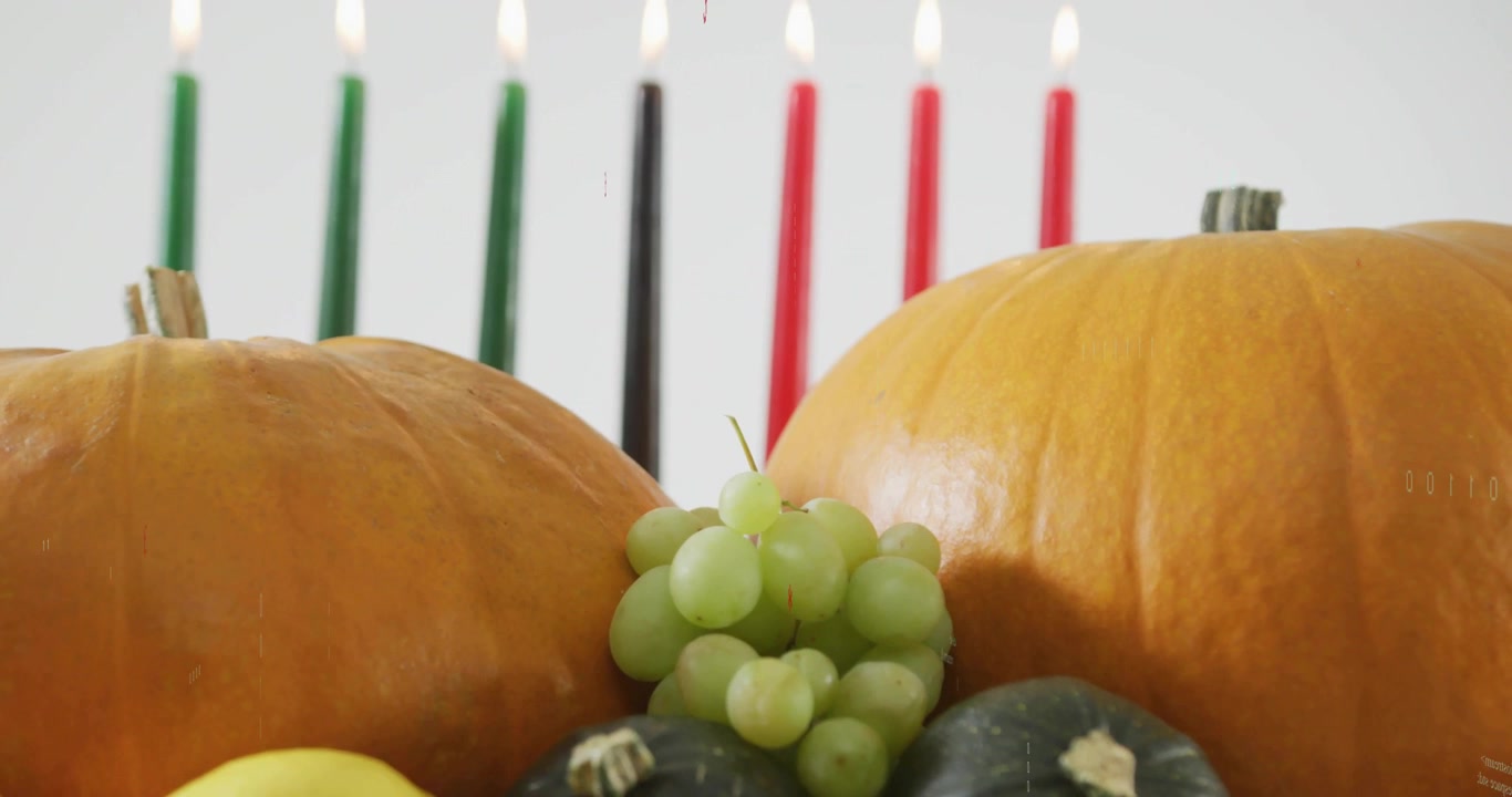 Vantage shifting revealing pumpkins, fruit; candles rising, wicks igniting, code overlay gliding