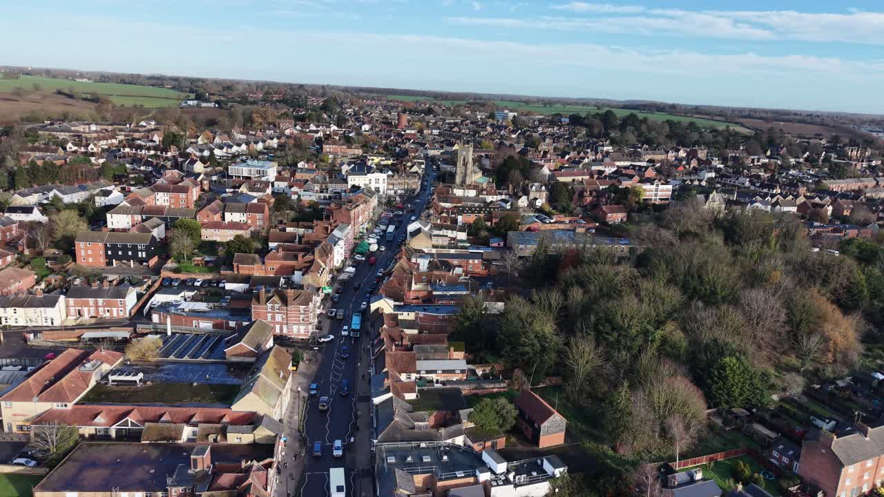 High Street Halstead Town Centre Essex UK Panning drone aerial