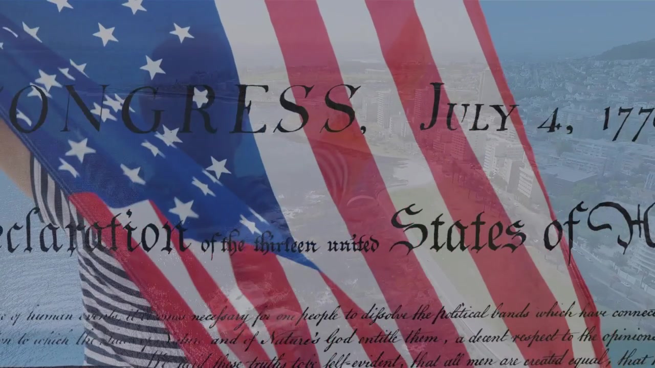 Animation of waving american text and cityscape