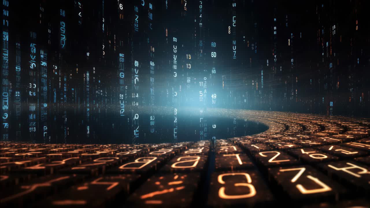 Futuristic video concept with glowing numbers in a digital matrix