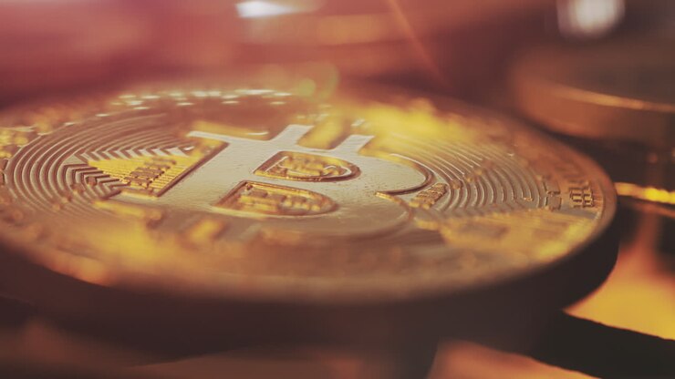 Close-up di una moneta d'oro Bitcoin