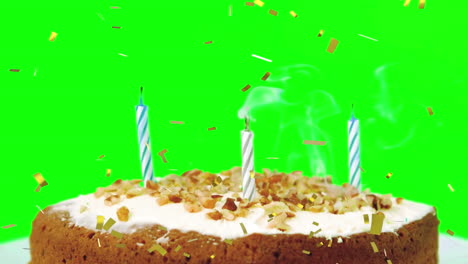 los confeti dorados caen y las velas de cumpleaños se apagan en una pantalla verde.