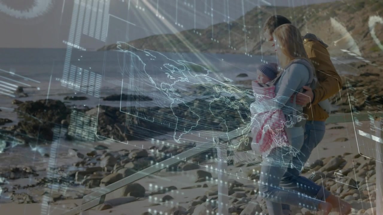 Genitori che iniziano la discesa delle scale verso la riva con un bambino, con un HUD tecnologico che sovrappone una mappa del mondo e dati che pulsano.