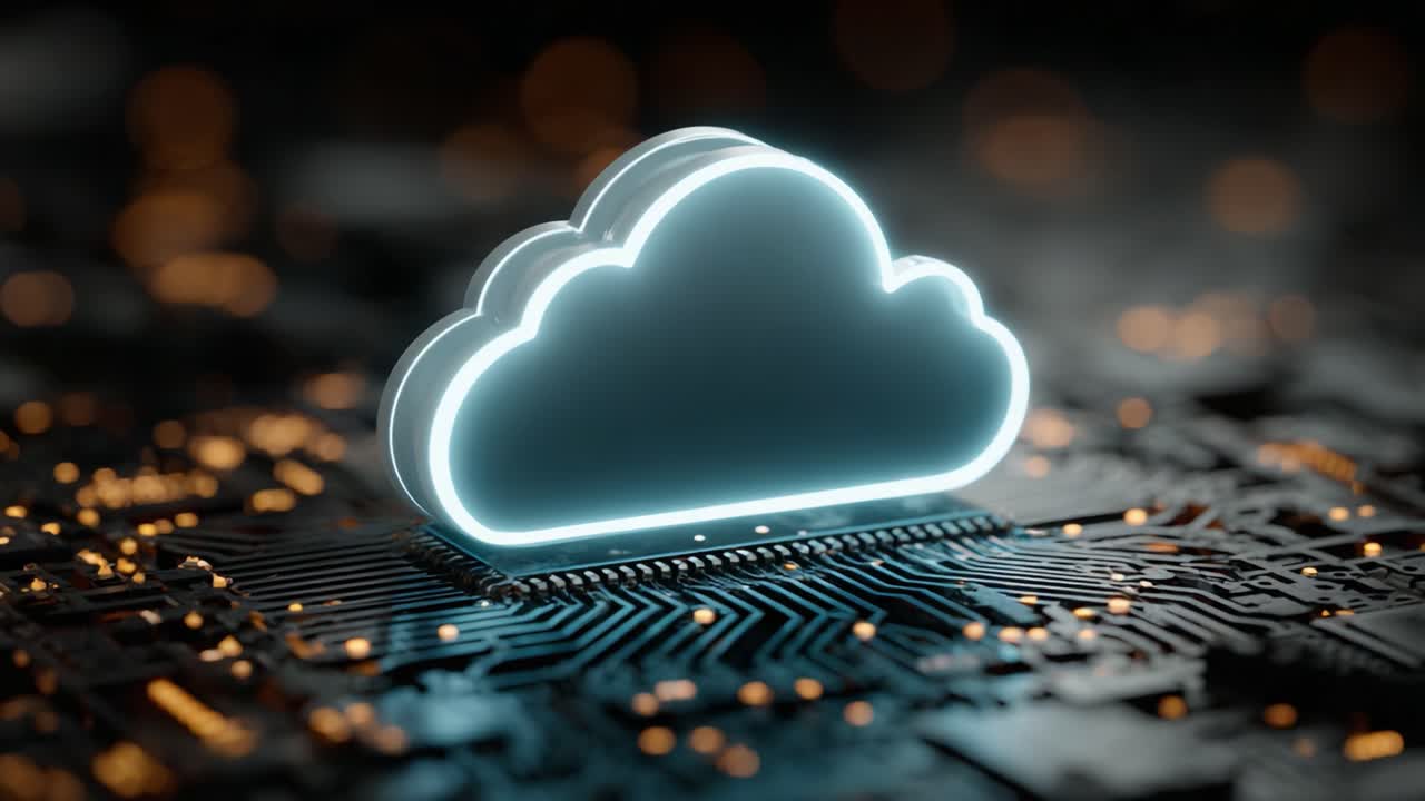 Exploring the Digital Realm: A Striking Visualization of a Glowing Cloud Symbol Nestled Amongst Circuitry, Representing Data Storage and Connectivity Innovations