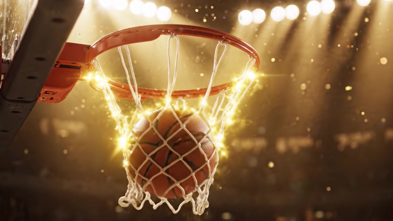 Una Prospettiva Drammatica di un Canestro da Basket Illuminato da un Brillante Riflettore, Catturando l'Intensità e l'Eccitazione del Gioco in un'Arena ad Alta Energia.