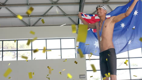 animation of confetti over biracial male swimmer holding flag of australia