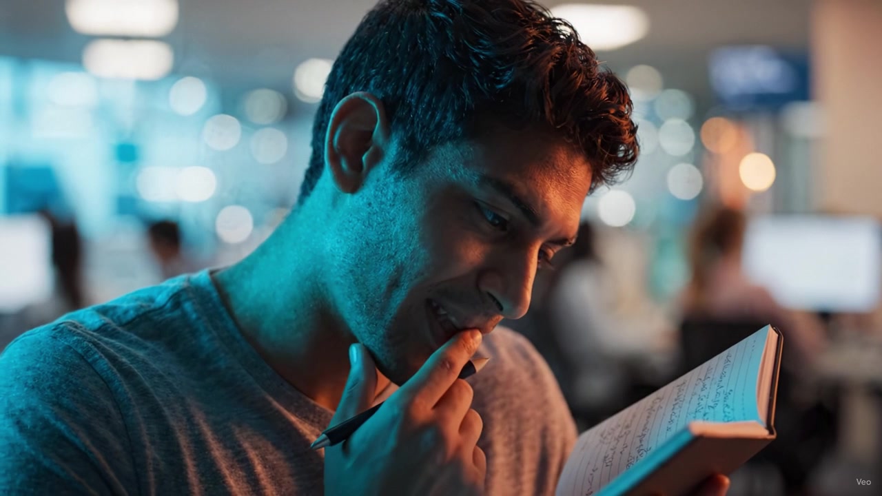 A focused young man thoughtfully writing in a notebook while seated in a modern workspace, surrounded by a blurred background of computers and soft lighting.