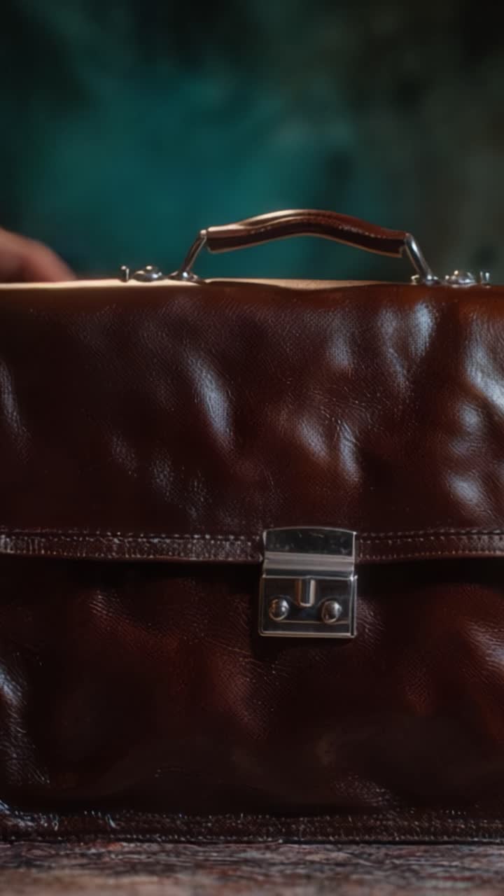 A close-up view showcasing a beautifully crafted brown leather bag, held with care, emphasizing the fine details and craftsmanship of the accessory