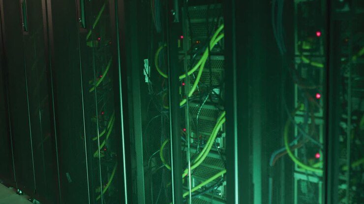 Close up of control lights and multiple cables on computer servers in tech room