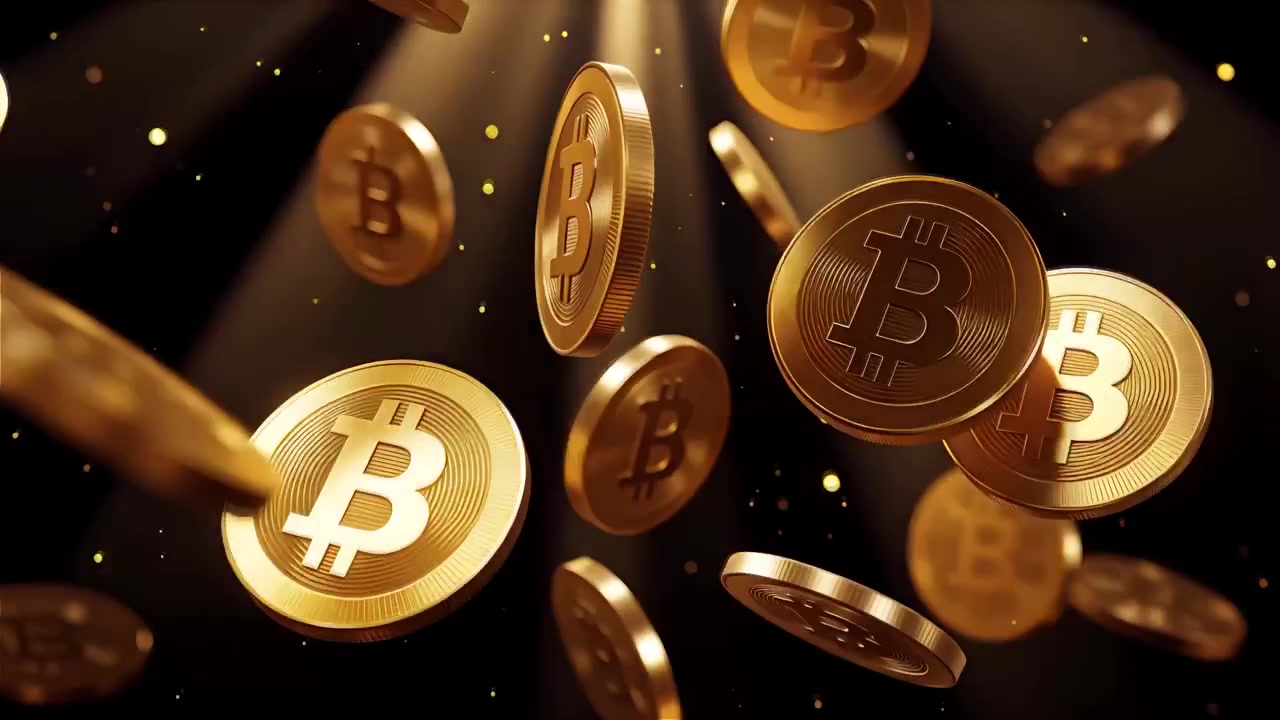 Bitcoin in rotazione su sfondo nero drammatico 4k