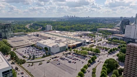 lenox square department store busy parking lot, parkway, peachtree park in background, drone shot, panoramic