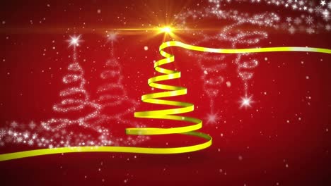 Animation-Des-Weihnachtlichen-Gelben-Bandes,-Das-Einen-Weihnachtsbaum-Auf-Rotem-Hintergrund-Bildet