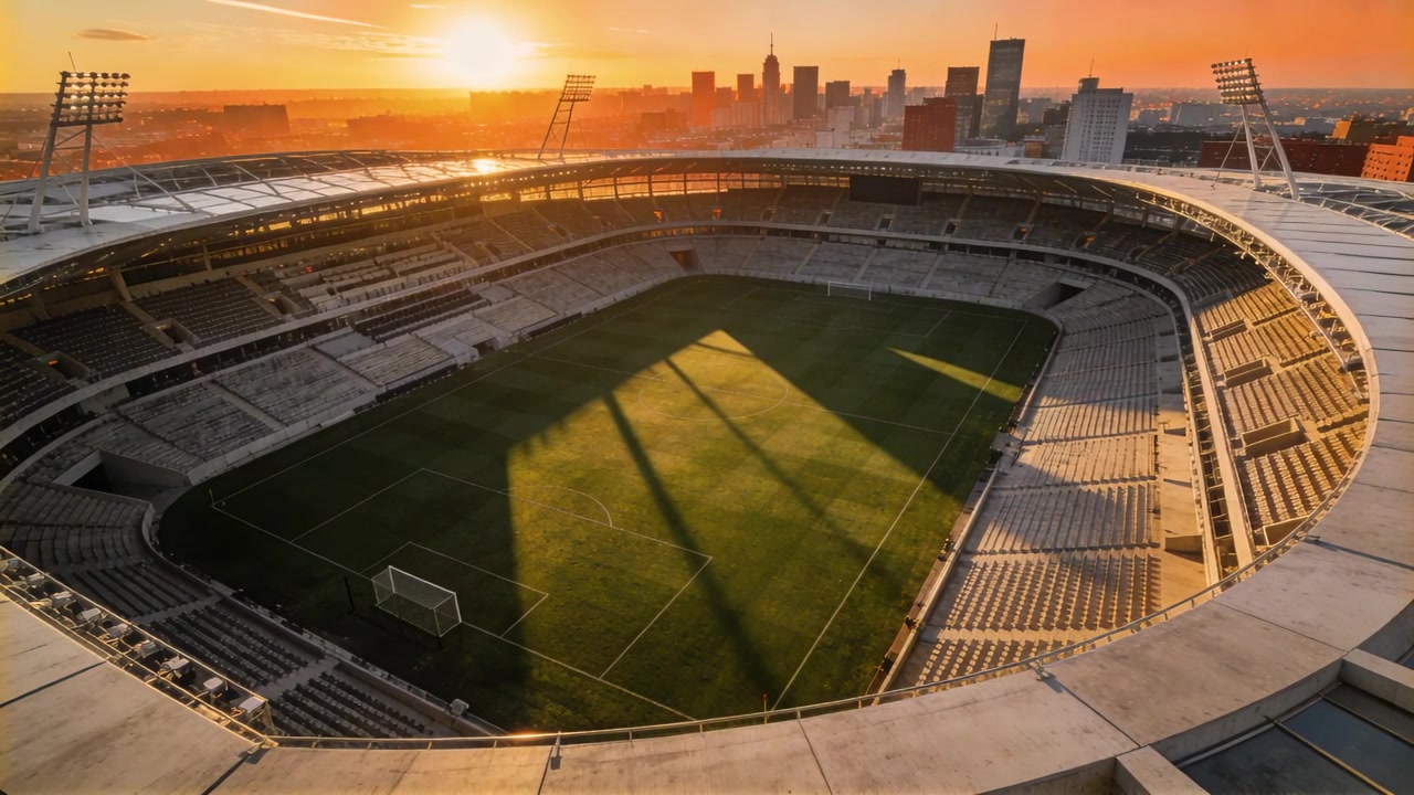 Telecamera che si sposta su uno stadio di calcio vuoto rivelando un'ombra che scivola sul campo mentre il sole tramonta, mostrando i pali della porta.