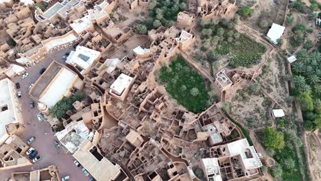 aerial birdseye flying over ushaiger heritage village, saudi arabia