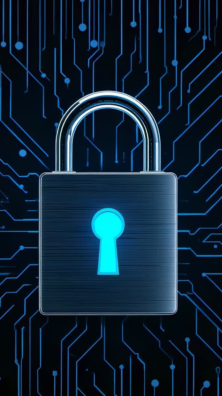 Vertical video: Padlock icon glowing keyhole on circuit backdrop, pulsing encryption theme at start