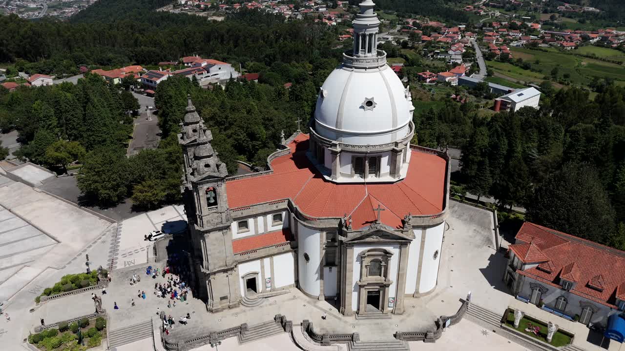 Aerial view of the Sanctuary of Sameiro in Braga, Portugal, with its impressive dome and surrounding greenery