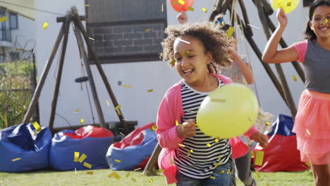 children playing with ball over falling confetti animation in playground