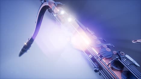 saxofón tenor dorado sobre fondo azul con luz