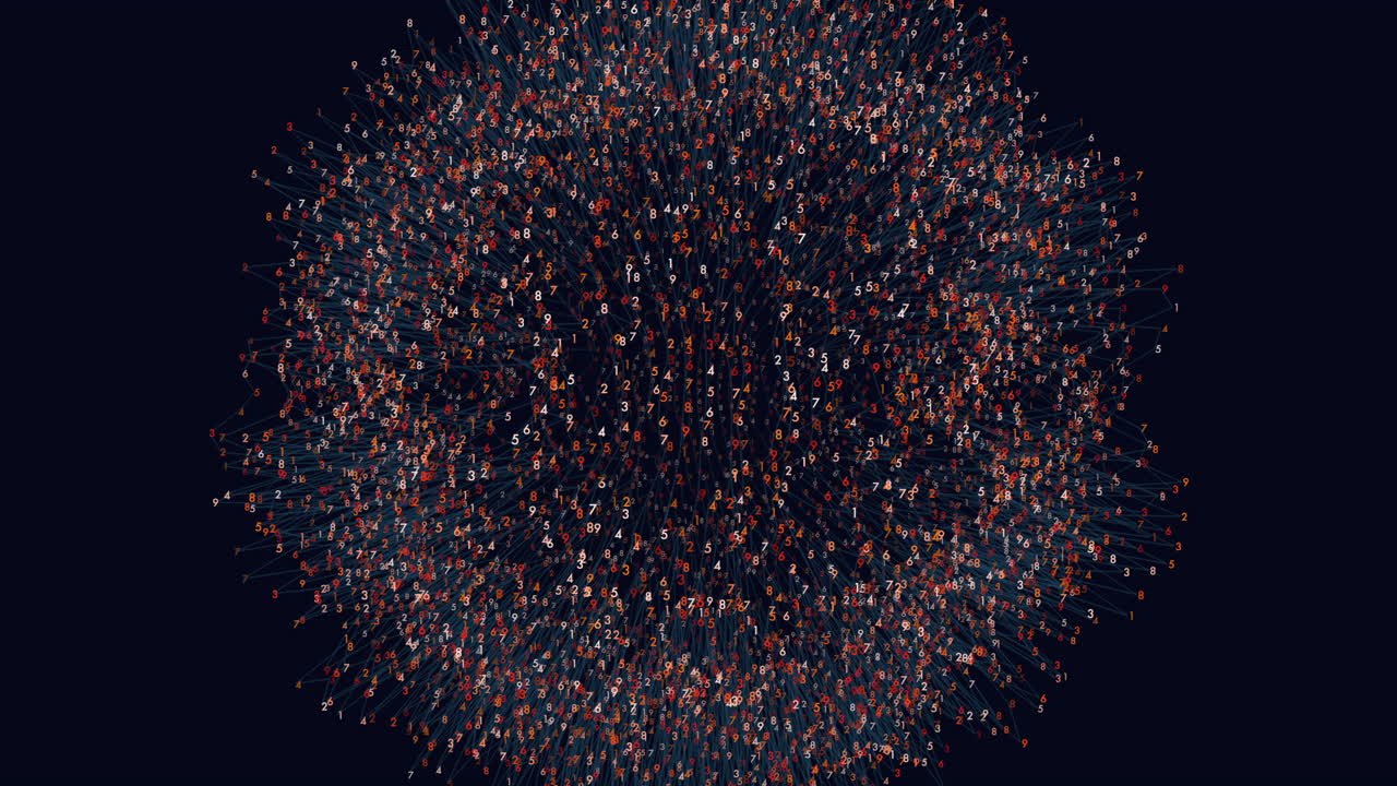 Futuristic animation of a spherical data network made of glowing numbers and connecting lines on a dark background, visualizing big data, digital communication and complex analytics in motion
