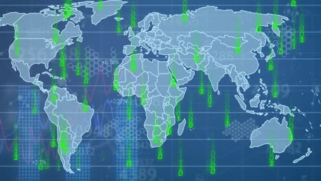 animación del procesamiento de datos financieros con codificación binaria sobre el mapa del mundo