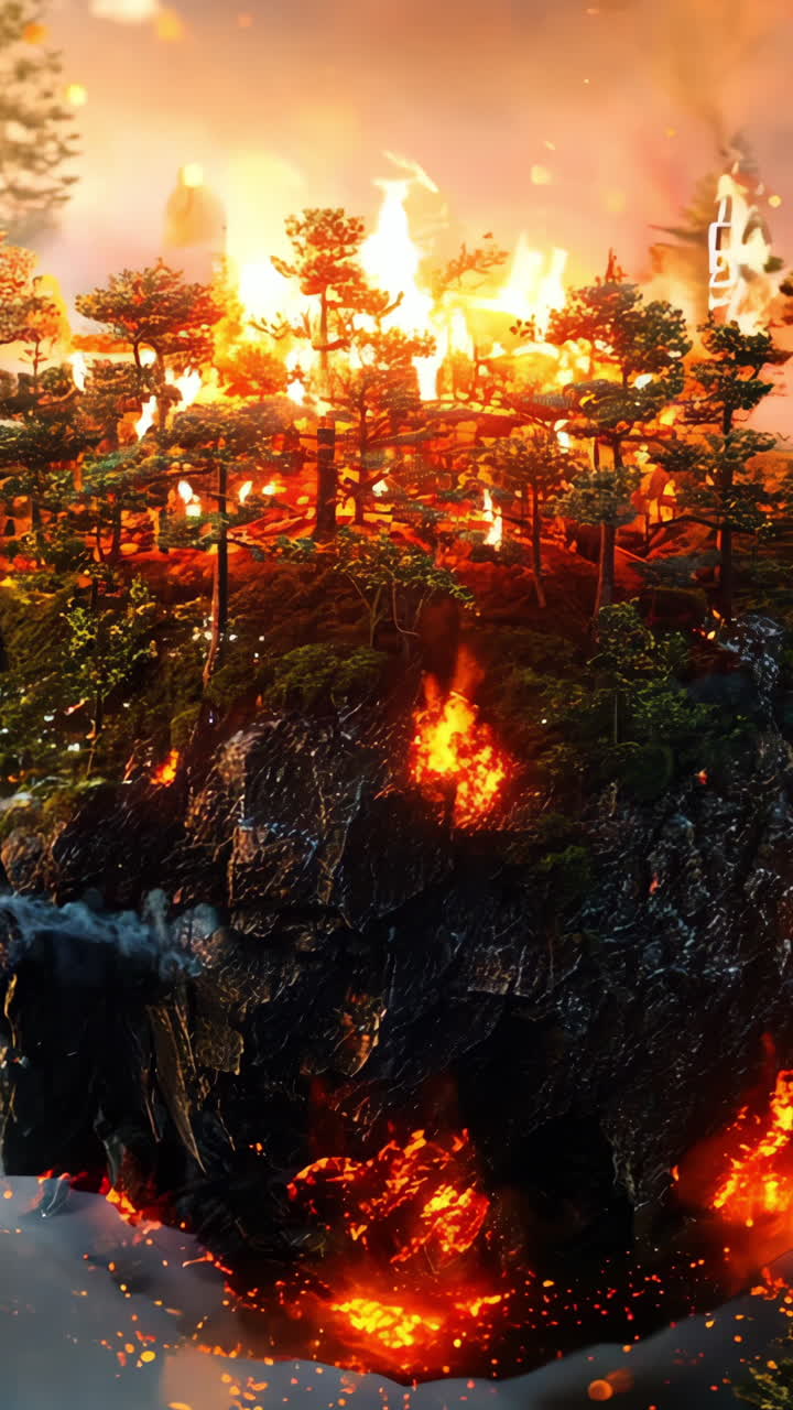 A small planet with a forest on it is surrounded by fire. The fire is so intense that it is almost as if it is engulfing the entire planet. Scene is one of destruction and chaos