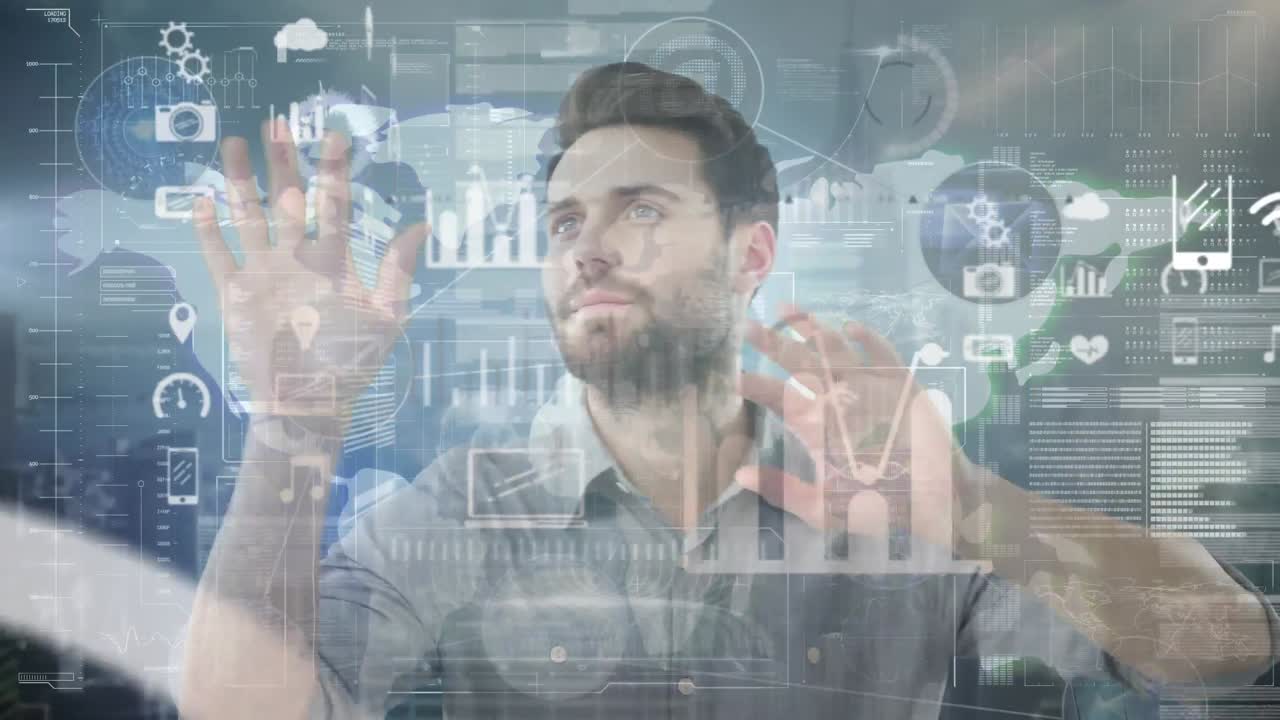 interfaz digital con procesamiento de datos contra el hombre caucásico tocando la pantalla invisible