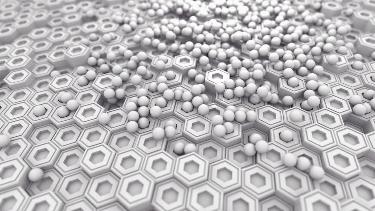 기하학적 모양은 추상적인 배경, 육각형 기둥과 은 구는 혼란스러운 흐름으로 움직이고, 광각 카메라와 닝 촬영 비디오.