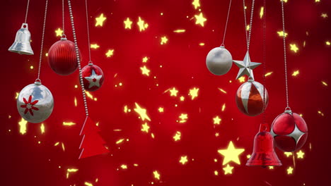 animación de bolas de navidad y estrellas cayendo sobre un fondo rojo