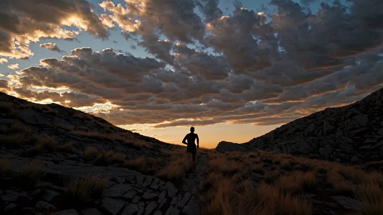 Silhouette of a person running on a rocky path at sunset, captured from a low angle