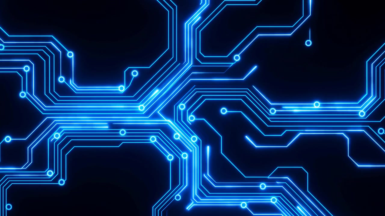 Glowing Blue Circuit Traces On Black Background, Animated Neon Lines Connecting Microchip Nodes, Pulsing