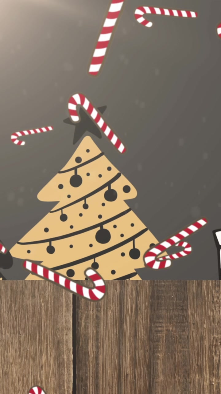 Animazione di neve e bastoncini di zucchero che cadono su alberi di Natale e regali su sfondo nero