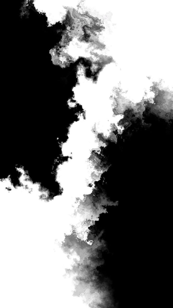 Sovrapposizione di fumo d'inchiostro monocromatico, movimento di nuvole in bianco e nero, bordi ruvidi e contrasto astratto drammatico.