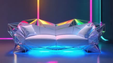 futuristic crystal sofa in neon-lit room