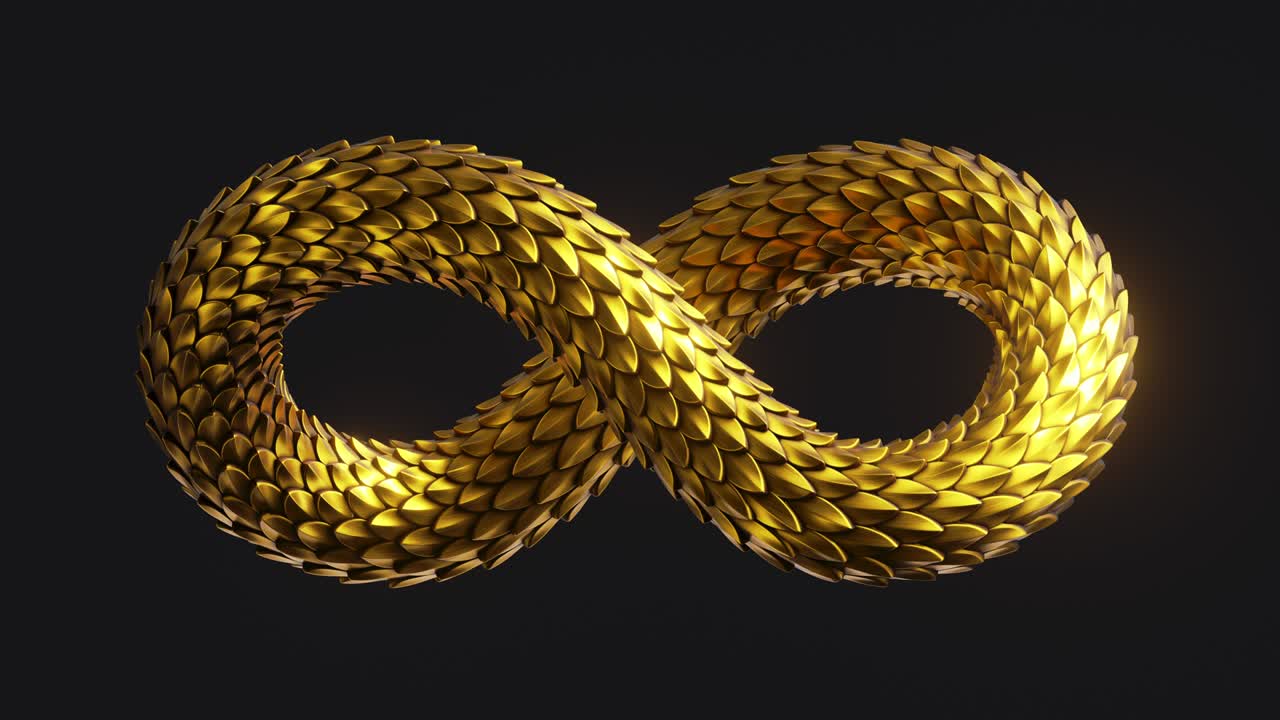cycled animation of 3d infinity symbol with golden scales texture, isolated on black background. Abstract animated moving snake