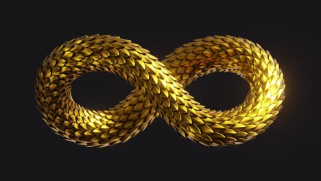 cycled animation of 3d infinity symbol with golden scales texture, isolated on black background. abstract animated moving snake