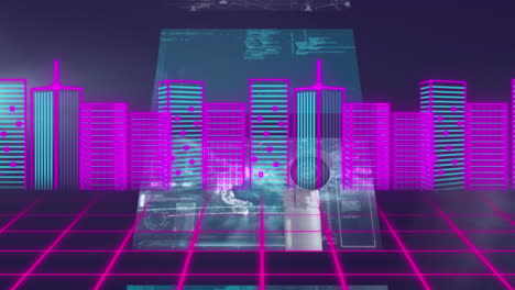 animación del paisaje urbano sobre cuadrícula sobre pantallas en movimiento sobre fondo oscuro