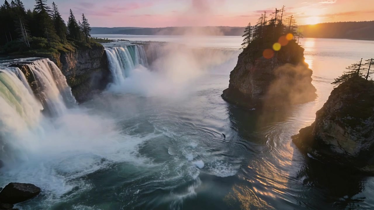 Drifting camera bringing waterfall from cliff into swirling pool with islets at sunset, sun flaring